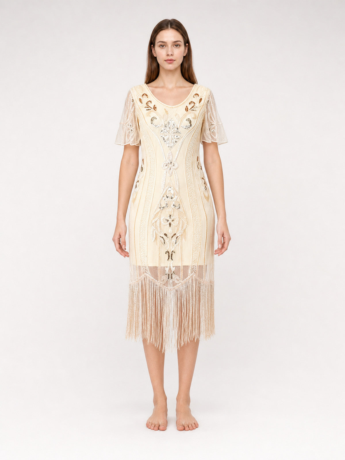 1920s-Style Dress with Fringe and Embellishments front view