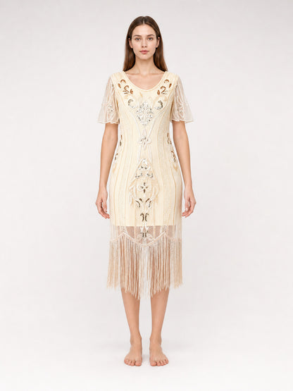 1920s-Style Dress with Fringe and Embellishments front view