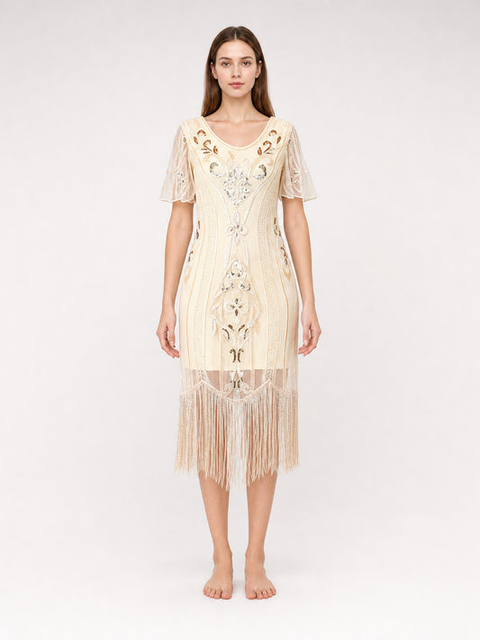 1920s-Style Dress with Fringe and Embellishments front view