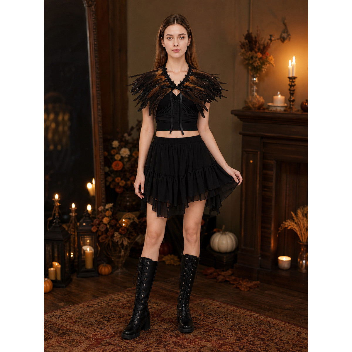 Halloween Costume Cape, Lace Collar Shoulder Wrap with Multi-Layer Feather Trim & Front Tie, Black Dark Brown, Loose Drape, for Cosplay Role Play