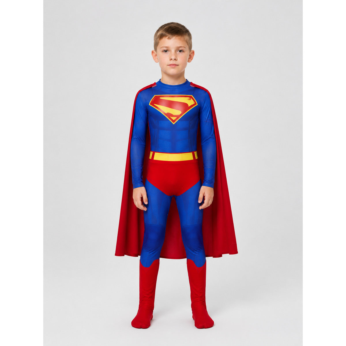 Superman Cosplay Costume, Jumpsuit with Cape on-model view