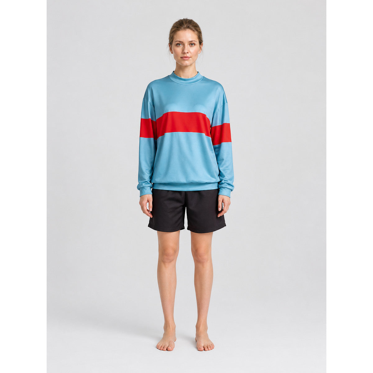 Cosplay costume with a light blue sweatshirt and shorts