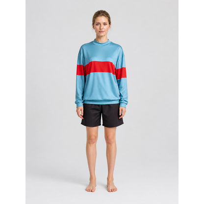Cosplay costume with a light blue sweatshirt and shorts