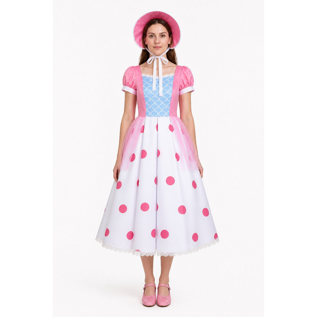 Bo Peep Cosplay Dress, White and Light Blue Polka Dot, with Hat