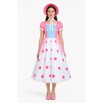 Bo Peep Cosplay Dress, White and Light Blue Polka Dot, with Hat