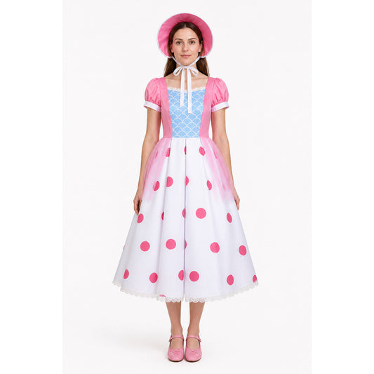 Bo Peep Cosplay Dress, White and Light Blue Polka Dot, with Hat main product view