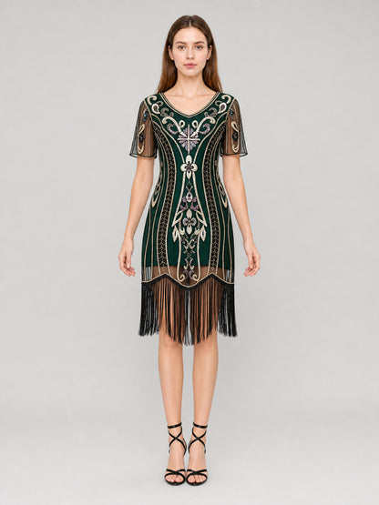 Gatsby-Style Dress with Fringe and Sequins front view