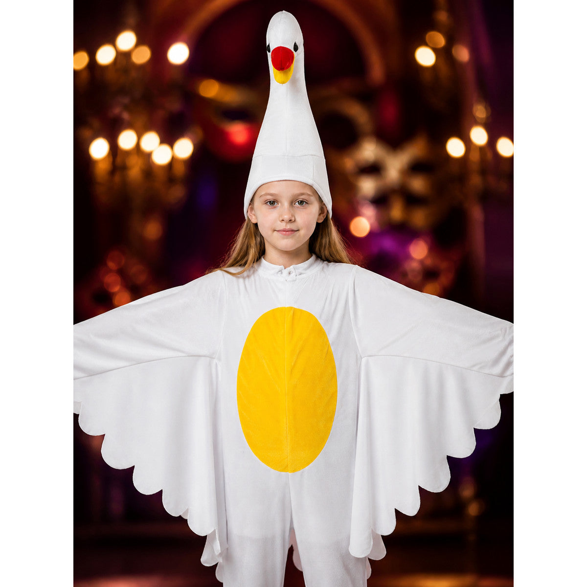 Kids White Goose Costume Jumpsuit with Wings and Hood for Halloween Party on-model view
