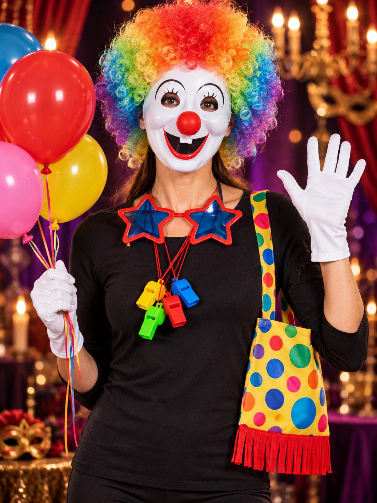 Clown Accessory Set: Wig, Mask, Nose, Gloves