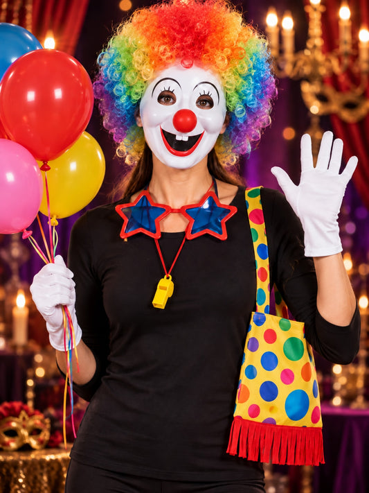Woman wearing the clown accessory set: rainbow afro wig, white clown mask with red nose, star party glasses, whistle, white gloves and yellow polka-dot bag