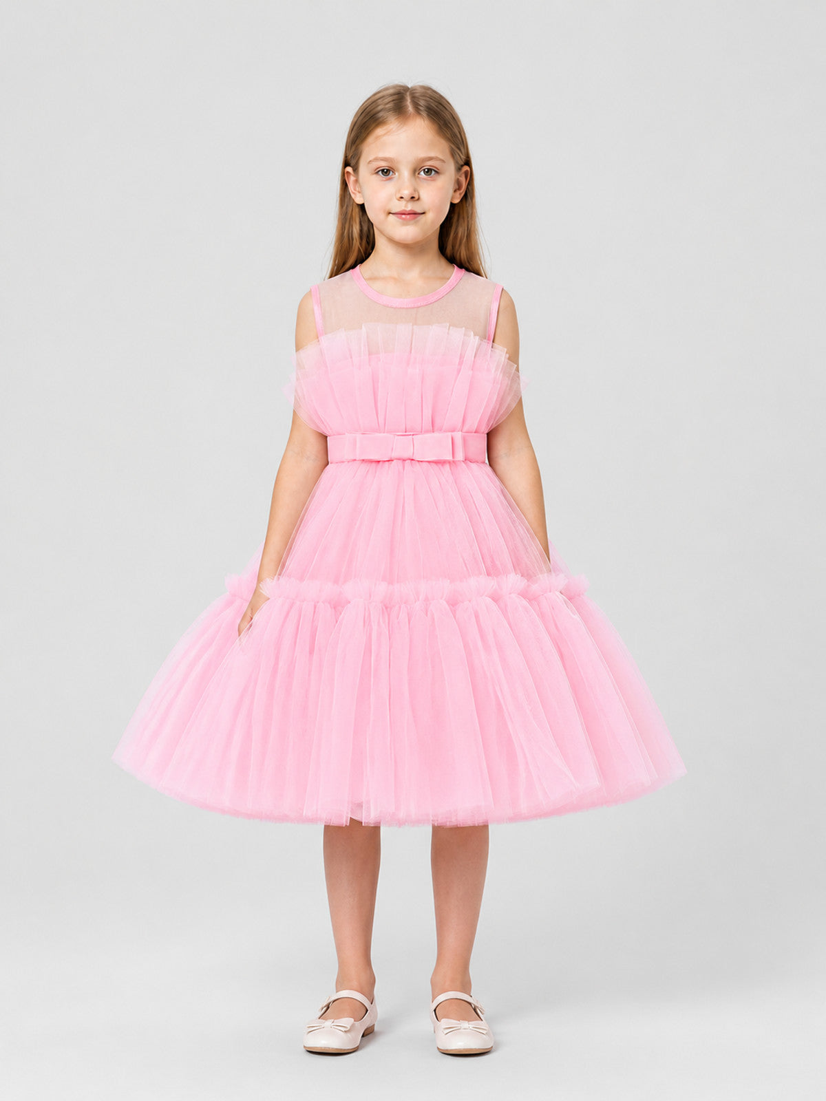 Puffy Pink Dress with a Layered Skirt and Bow on-model view