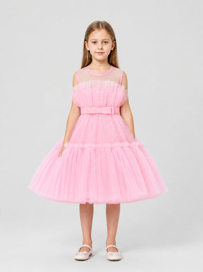 Puffy Pink Dress with a Layered Skirt and Bow on-model view