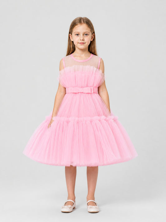 Puffy Pink Dress with a Layered Skirt and Bow on-model view