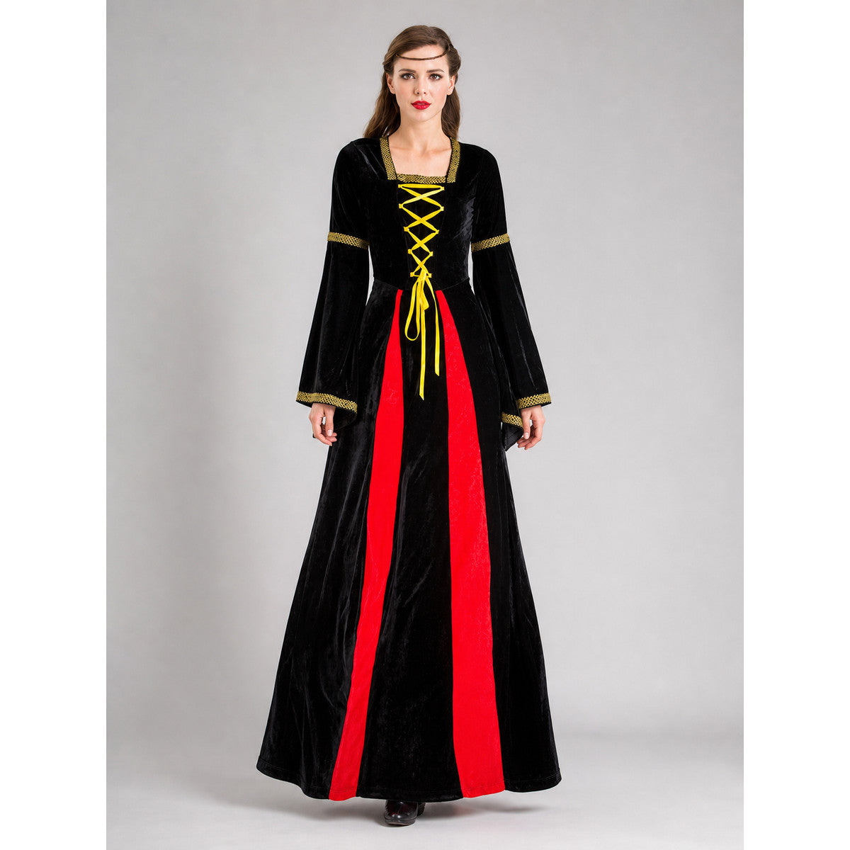 Long Medieval Carnival Dress with Lace-Up Front on-model view