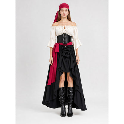 The outfit includes a white off-the-shoulder blouse with a front tie and elbow-length flared sleeves, a black lace-up corset with metal-look grommets, and a black tiered skirt with an asymmetrical hem and gathered draping. The contrast betw