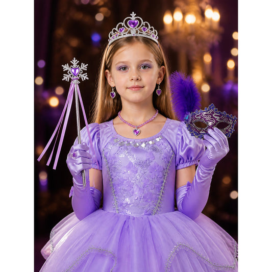 Girls' Purple Princess Costume Set With Sparkle Dress, Tiara, Mask & Gloves on-model view