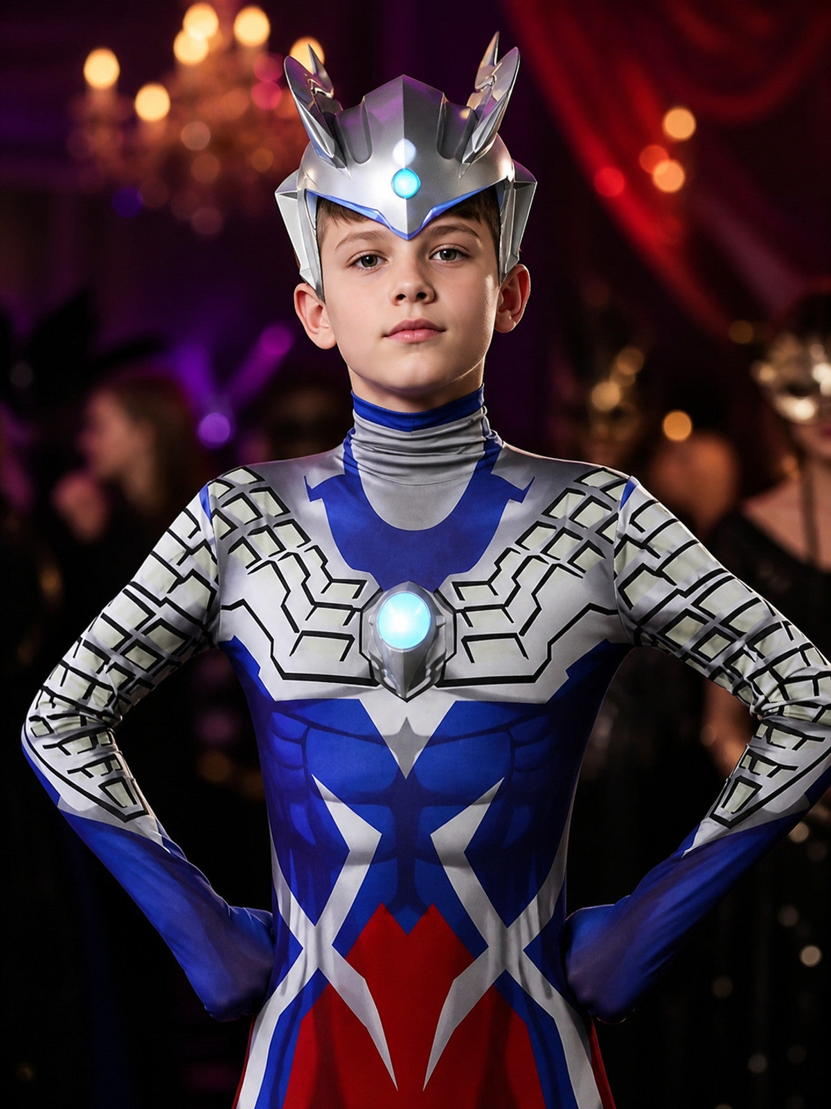 Unisex Ultraman Bodysuit Costume Set with Helmet, Light-Up Chest and Cape on-model view