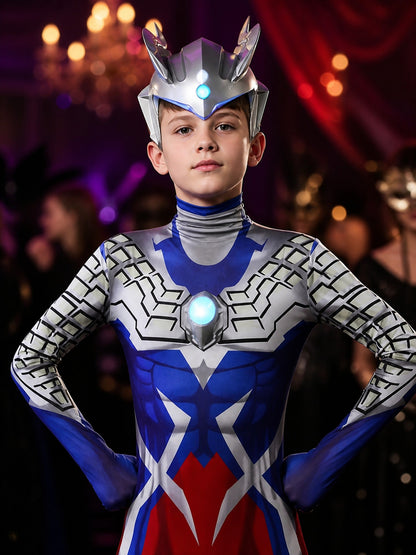 Unisex Ultraman Bodysuit Costume Set with Helmet, Light-Up Chest and Cape on-model view
