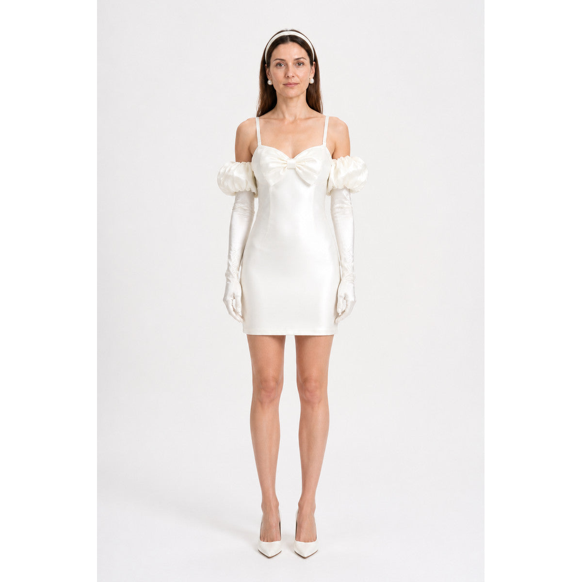 Short White Dress with Puff Sleeves and a Bow main product view