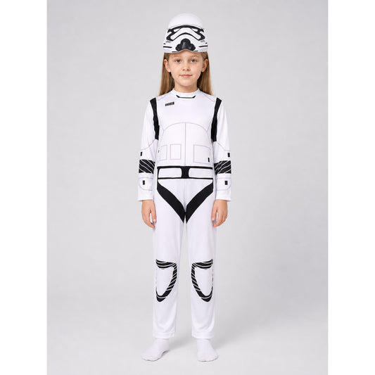 Child wearing the white Stormtrooper costume jumpsuit with the soft printed helmet hood, front view