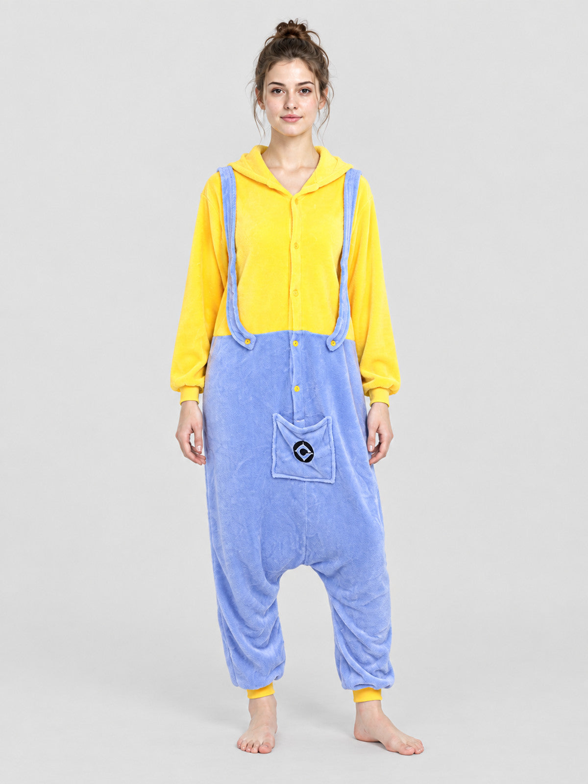 Yellow and Blue Flannel Hooded Pajama Jumpsuit