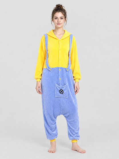 Yellow and Blue Flannel Hooded Pajama Jumpsuit