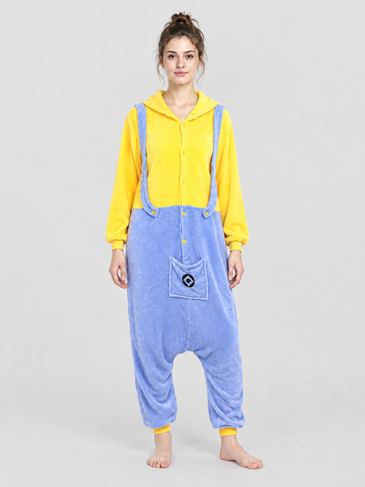 Yellow and Blue Flannel Hooded Pajama Jumpsuit