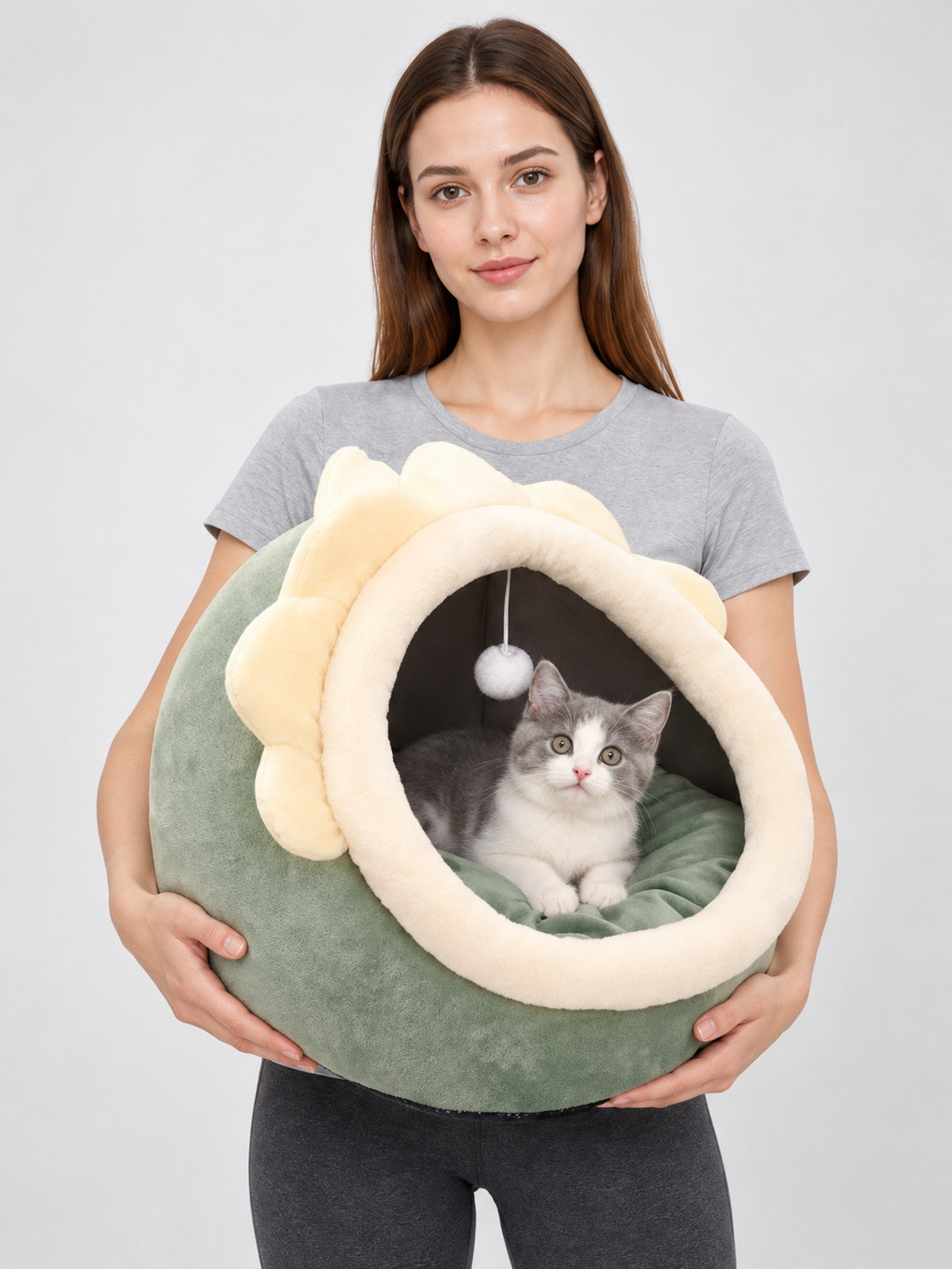 Pet House Bed with Hanging Ball on-model view