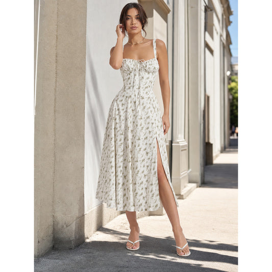 Women's Midi Dress with Square Neckline and Slit