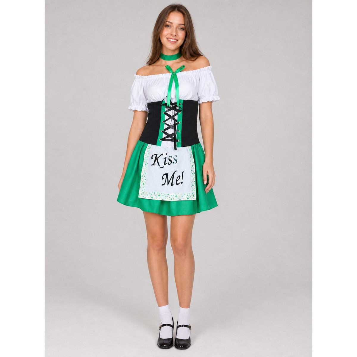 The dress is designed in a combination of white, green, and black. The silhouette emphasizes the waist and features a flared skirt. The design is finished with voluminous white short sleeves, a green tie collar, and green polka-dot trim. Th