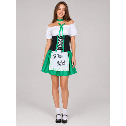 The dress is designed in a combination of white, green, and black. The silhouette emphasizes the waist and features a flared skirt. The design is finished with voluminous white short sleeves, a green tie collar, and green polka-dot trim. Th