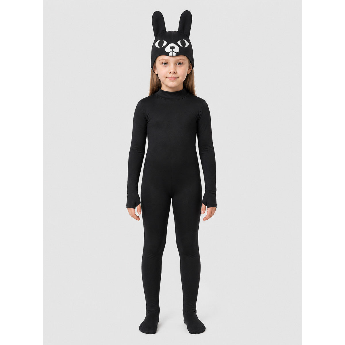 Black rabbit jumpsuit with ears and paws on-model view