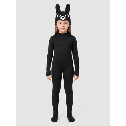 Black rabbit jumpsuit with ears and paws on-model view