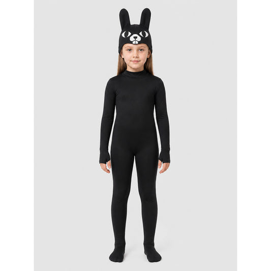 Black rabbit jumpsuit with ears and paws on-model view