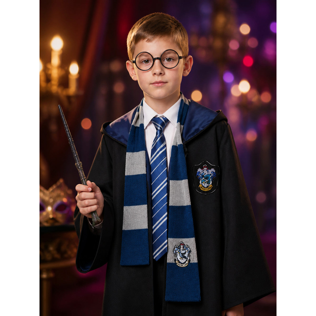 Ravenclaw Wizard Costume Set, Hooded Robe with Scarf, Tie, Glasses and Wand on-model view