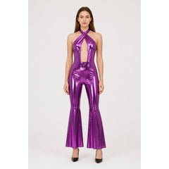 Women's Purple Metallic Faux Leather Halter Cutout Flared Jumpsuit Disco Costume