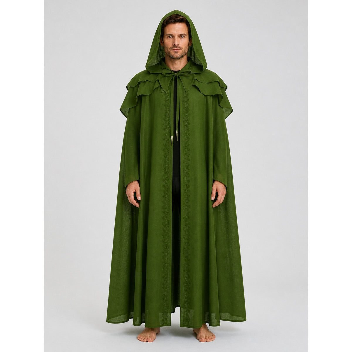 Dark Green Medieval Hooded Cloak for Halloween on-model view