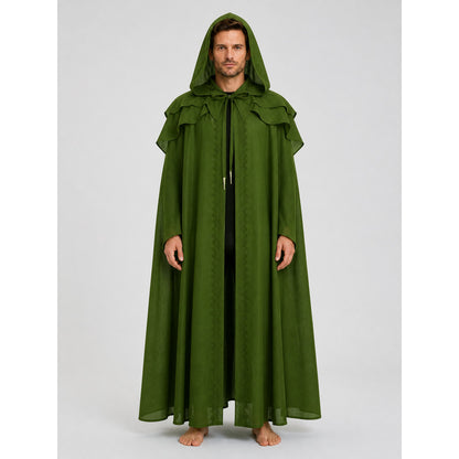 Dark Green Medieval Hooded Cloak for Halloween on-model view