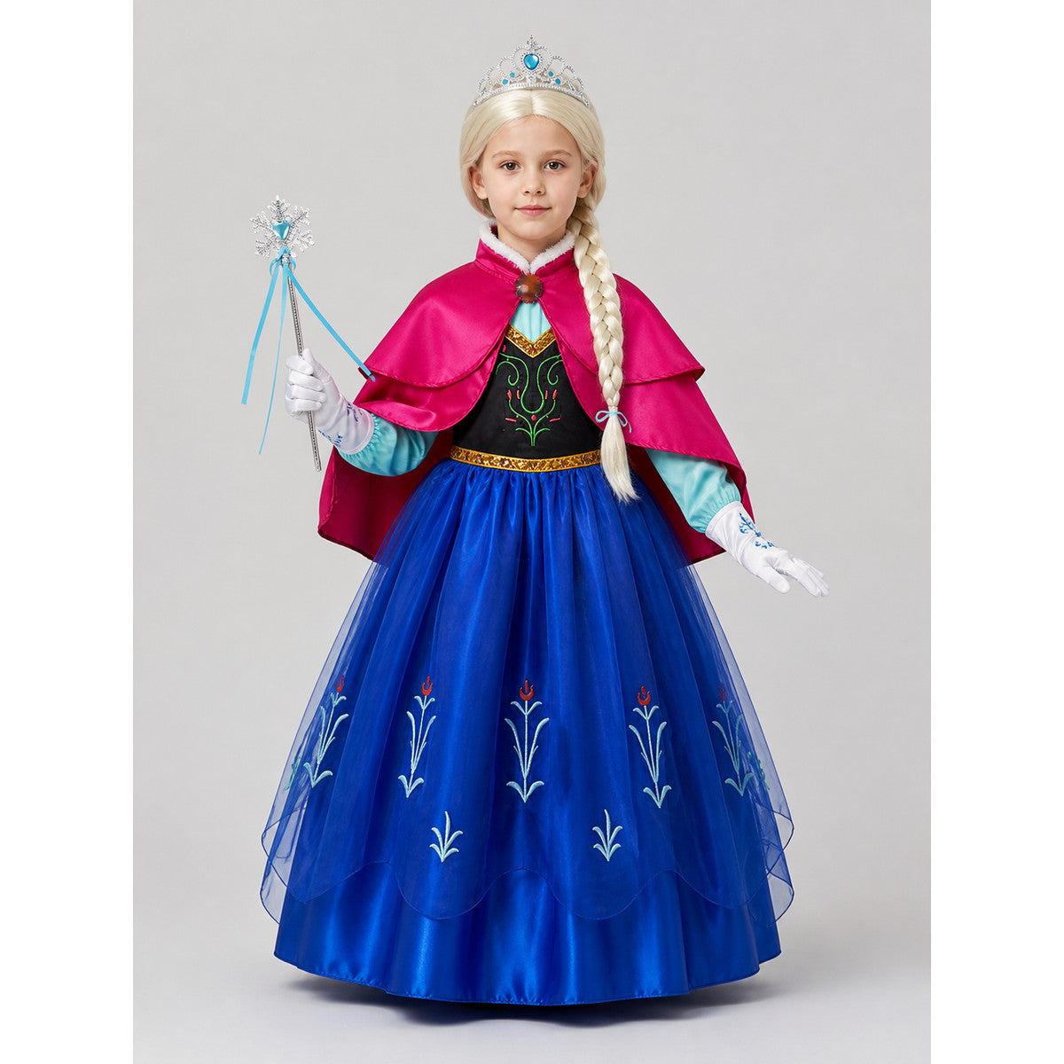 Snow Queen Costume, Dress with Cape, Crown, and Wig on-model view