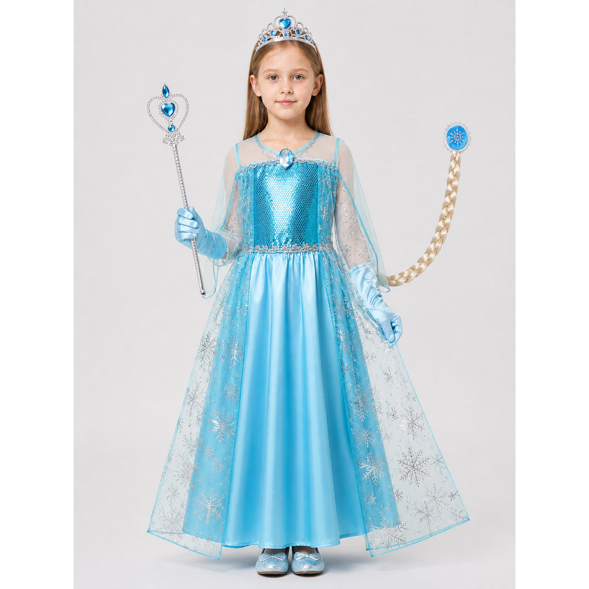 Elsa Costume for Girls with Dress, Crown, and Wand on-model view