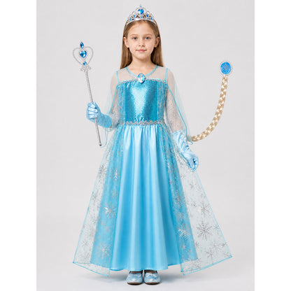 Elsa Costume for Girls with Dress, Crown, and Wand on-model view