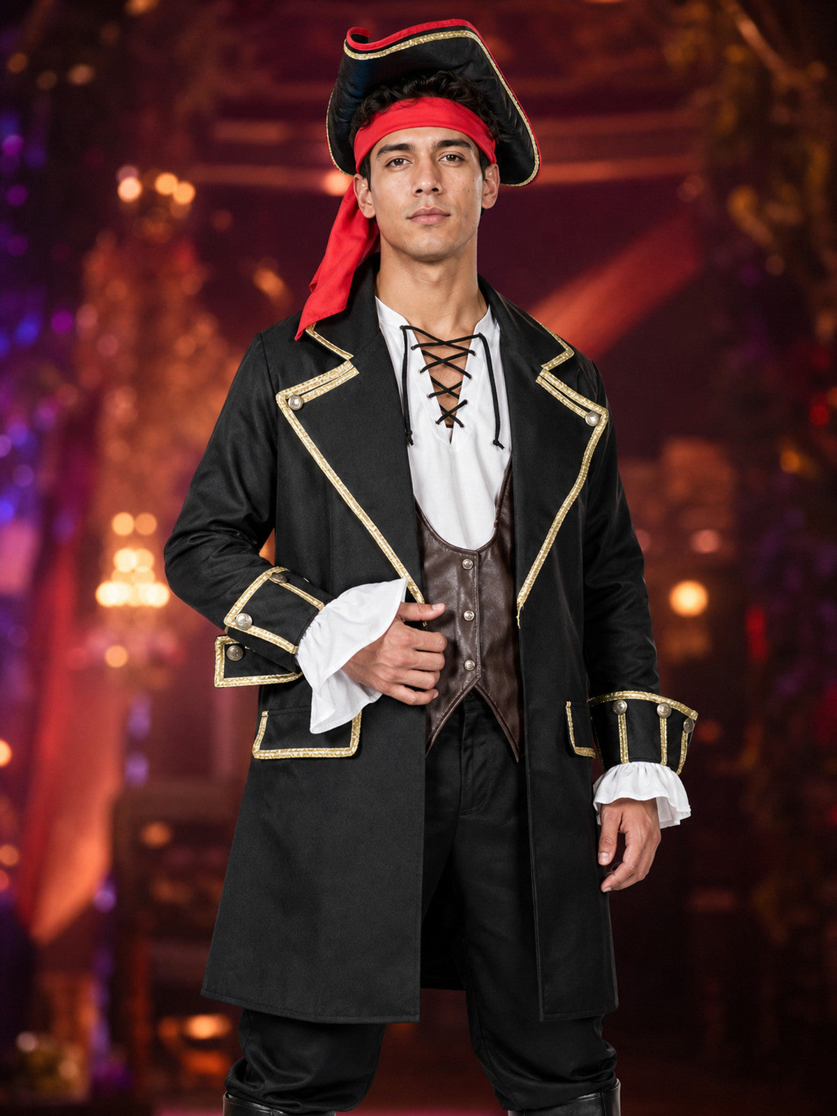 Unisex Pirate Costume Set With Long Coat, Vest, Shirt, Pants, Hat and Headscarf on-model view