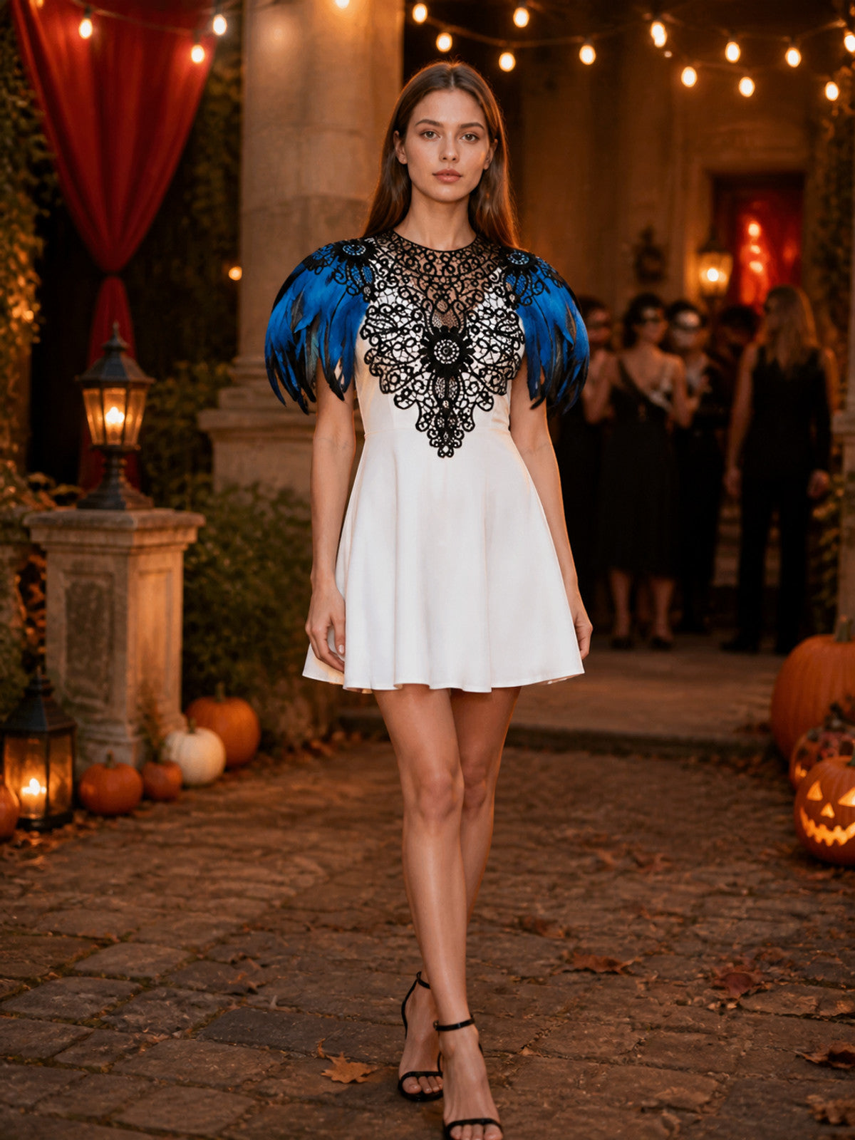 Lake Blue Accented White Dress with Feather Sleeve Print and Black Chest