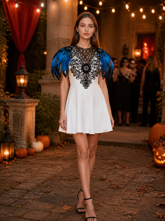 Lake Blue Accented White Dress with Feather Sleeve Print and Black Chest