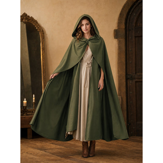Medieval Hooded Cloak, Olive Green Full-Length Cape with Pointed Hood and Front Tie for Cosplay and Role-Playing