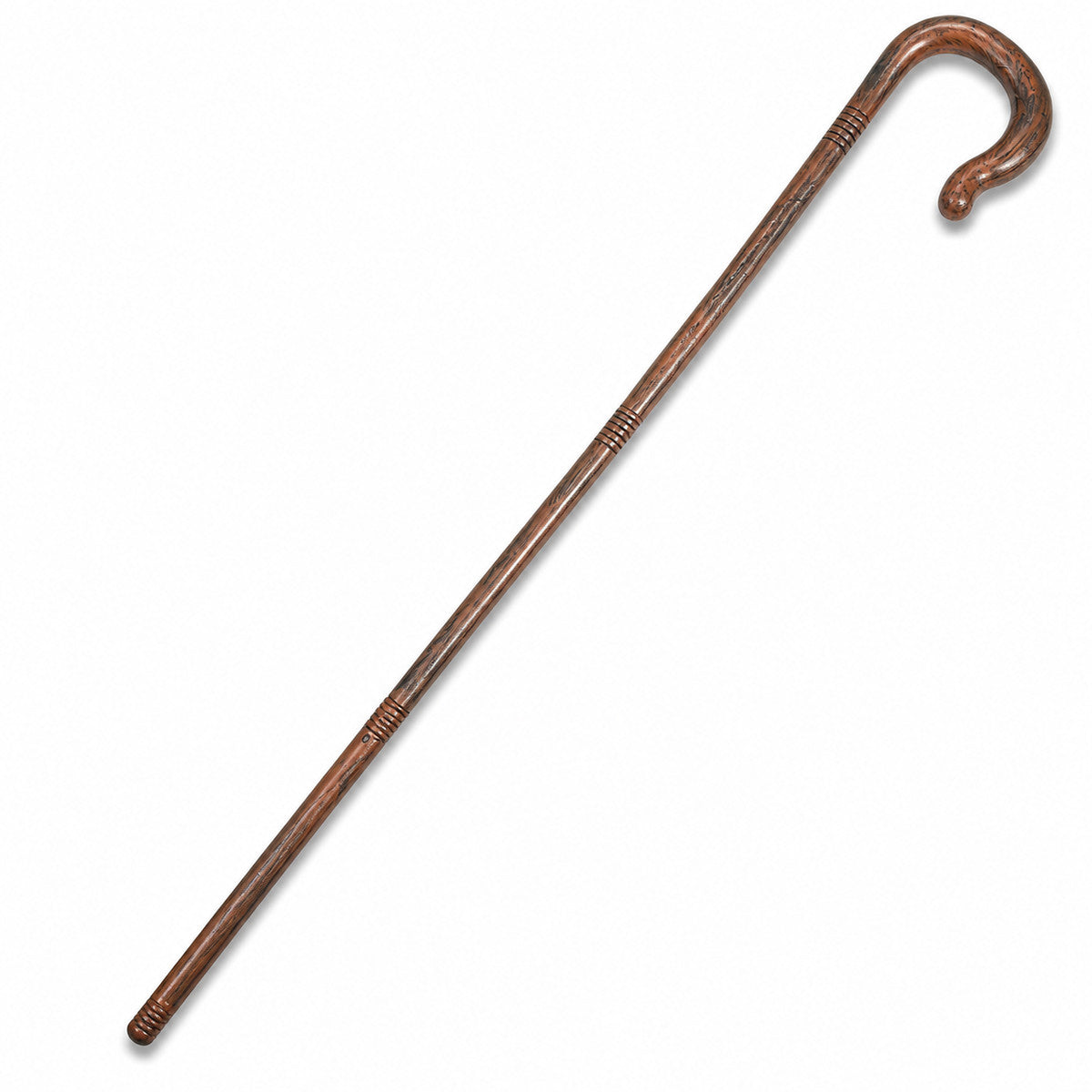 Single Archbishop Magic Cane, Large Curved Hook Handle, Long Straight Shaft, Brown Wood Grain Texture, Decorative Ring Lines, Vintage Style Prop