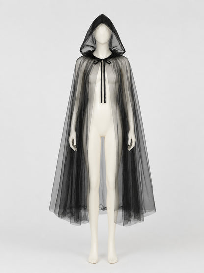 Black Mesh Death Cloak with Hood for Halloween on-model view