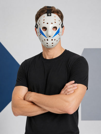 White Hockey-Style Carnival Mask with Blue Stripes