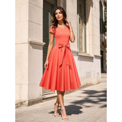 Coral V-Neck Dress with Large Bow