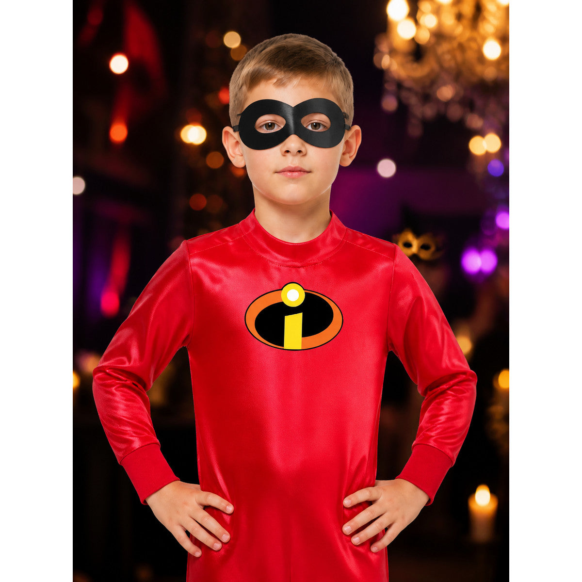 Kids Superhero Costume Set, Red Long Sleeve Jumpsuit with Black Eye Mask and on-model view